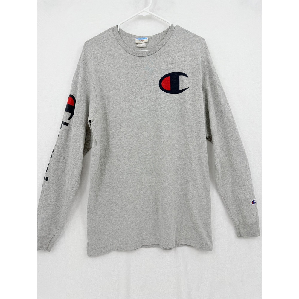 Champion Mens Large Gray Long Sleeve T-Shirt Big C Logo 90s Style Retro Street